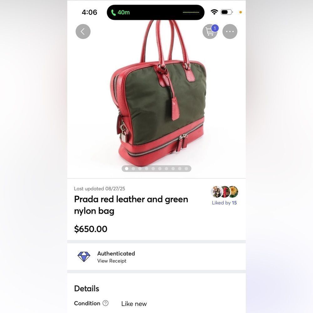 Auth Prada red leather and green nylon hand bag - Picture 13 of 16